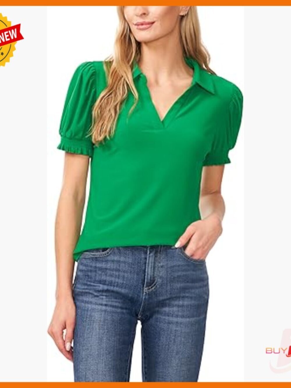 Short Sleeve Split Neck Collared Knit Top, Crepe Fabric, Puff Sleeves, Regular